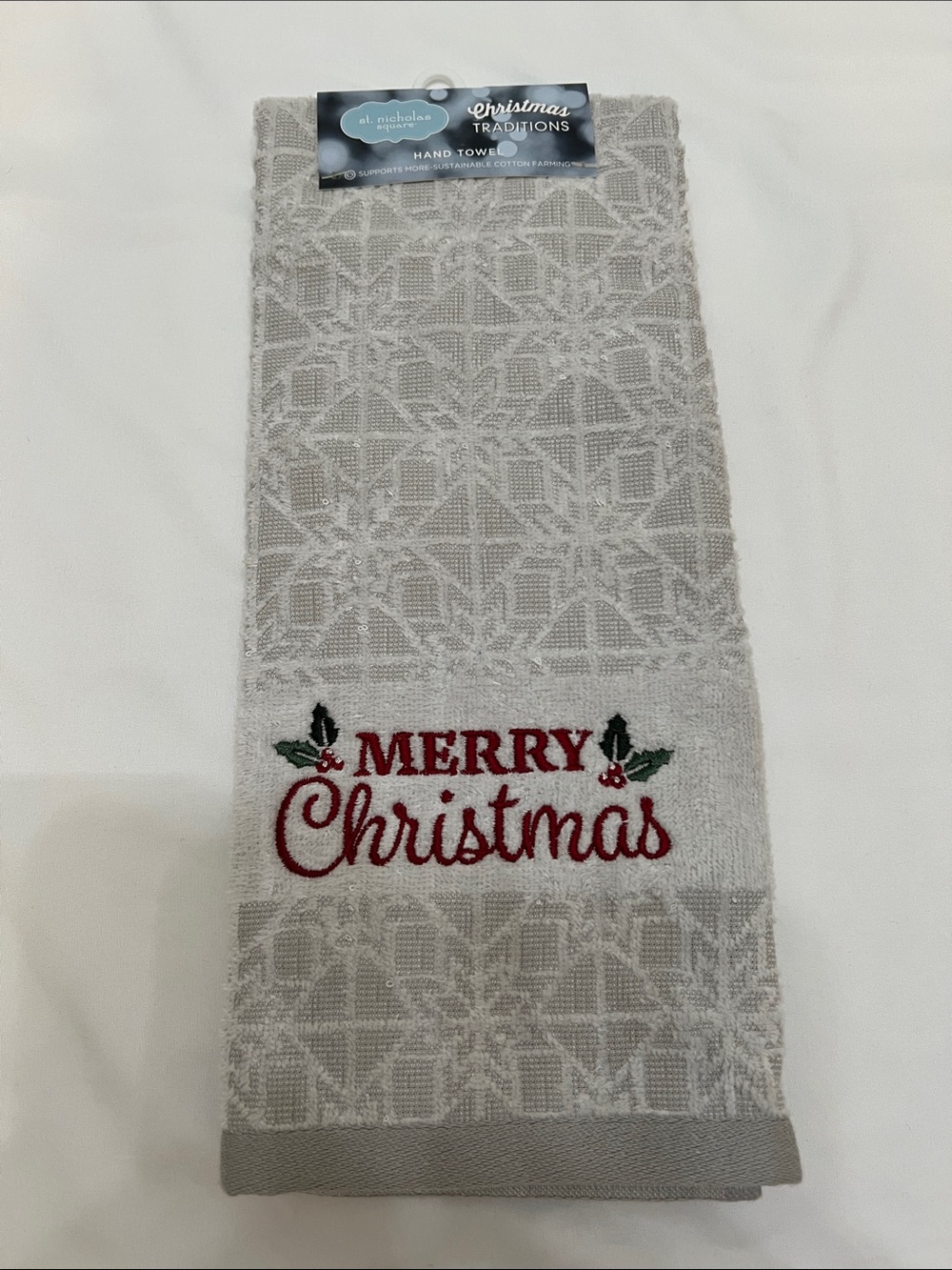 St. Nicholas Square Gray Merry Christmas Embroidered Holiday Hand Towel NWT